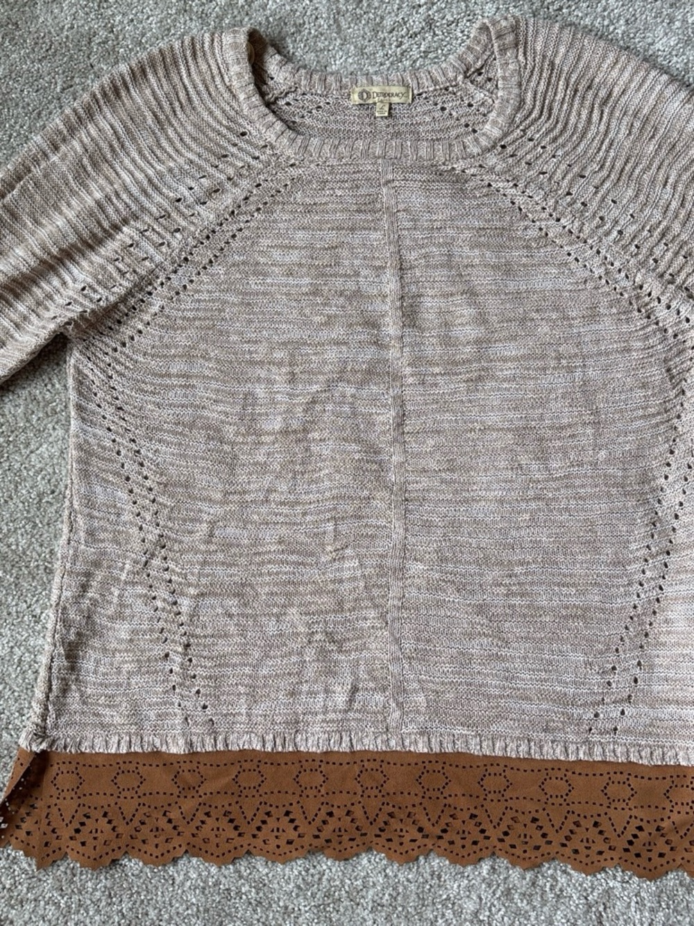 Democracy Light Taupe Crewneck Sweater with Scallop Hem